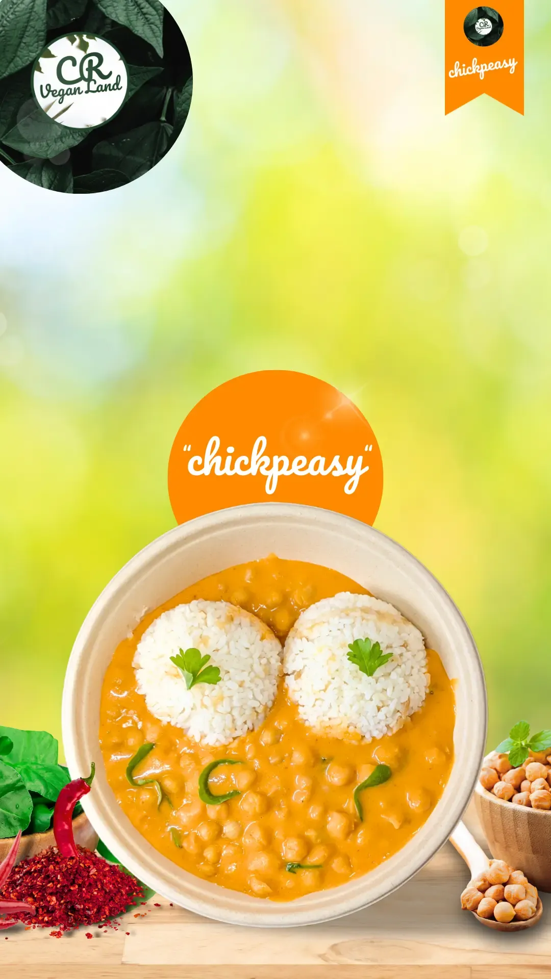 Veganes Gericht Chickpeasy: Bio-Kichererbsen mit Spinat in roter Thai-Curry-Kokossoße, aus unseren Menü.