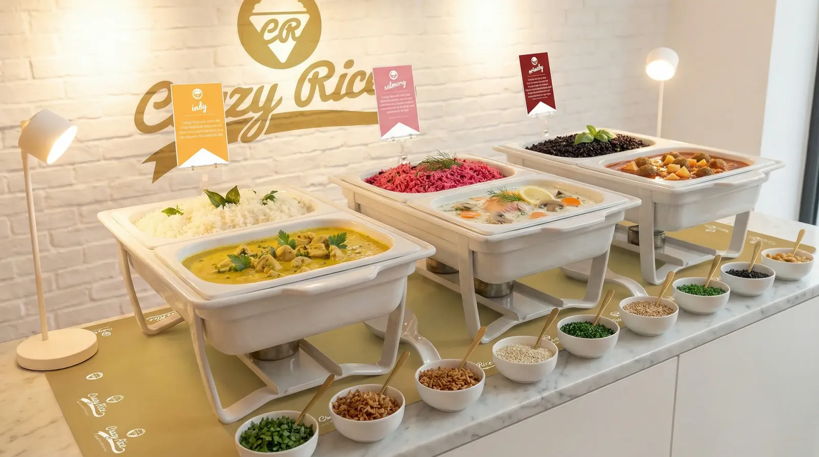 Die bunten Reisgerichte von Crazy Rice mit schwarzen, roten und weißen Reis in weißen Chafing Dishes, schön präsentiert.