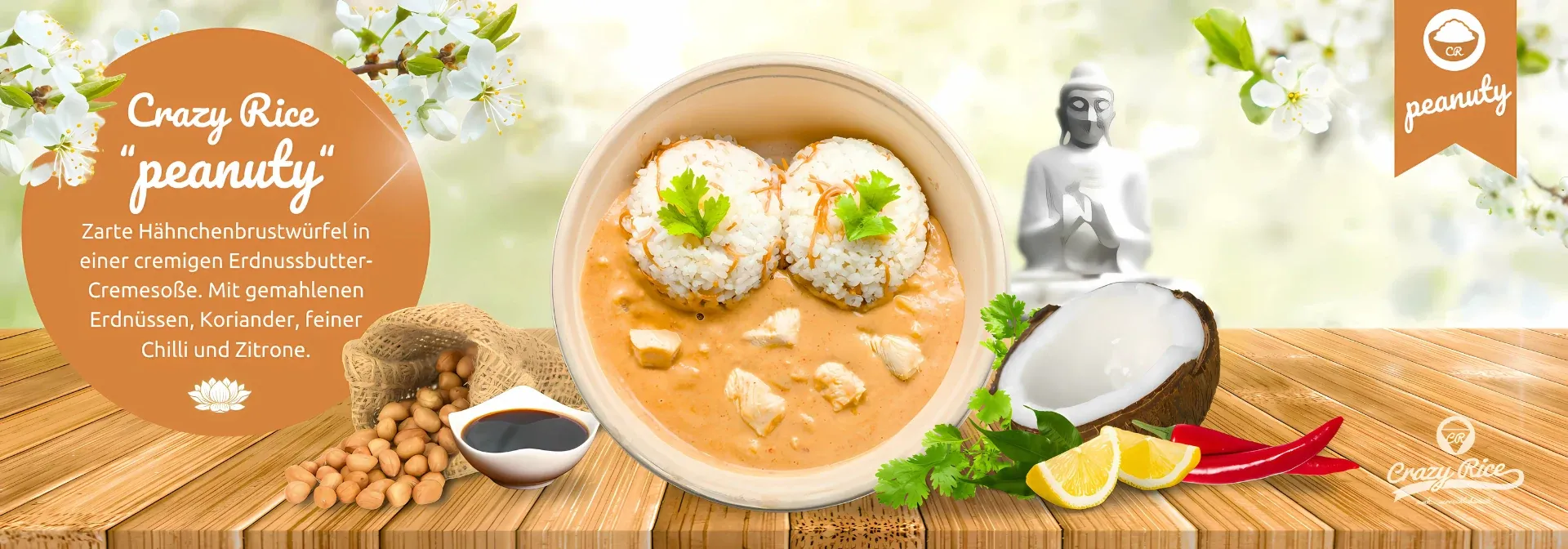 Peanuty Reisgericht aus dem Crazy Rice Menü, schön dargestellt