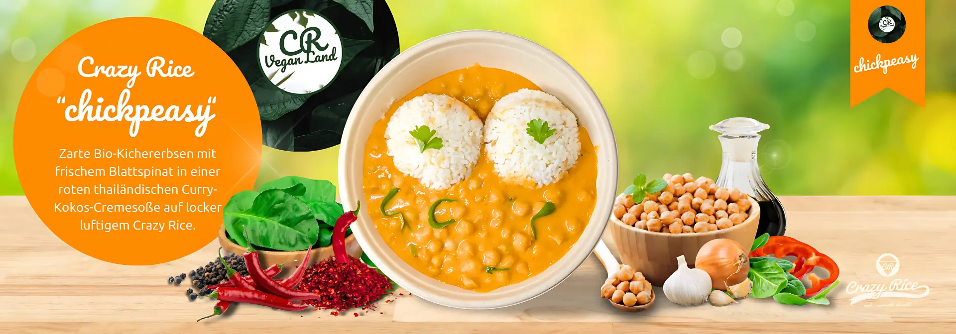 Crazy Rice Chickpeasy veganes Gericht mit Spinat und Kichererbsen auf Teller serviert