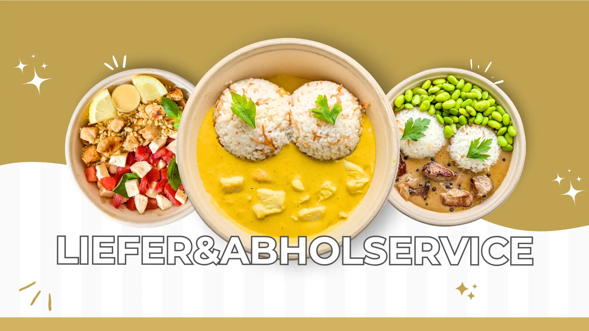Ein Banner vom Crazy Rice Lieferservice aus Leipzig mit leckeren Speisen auf Tellern und Bowls