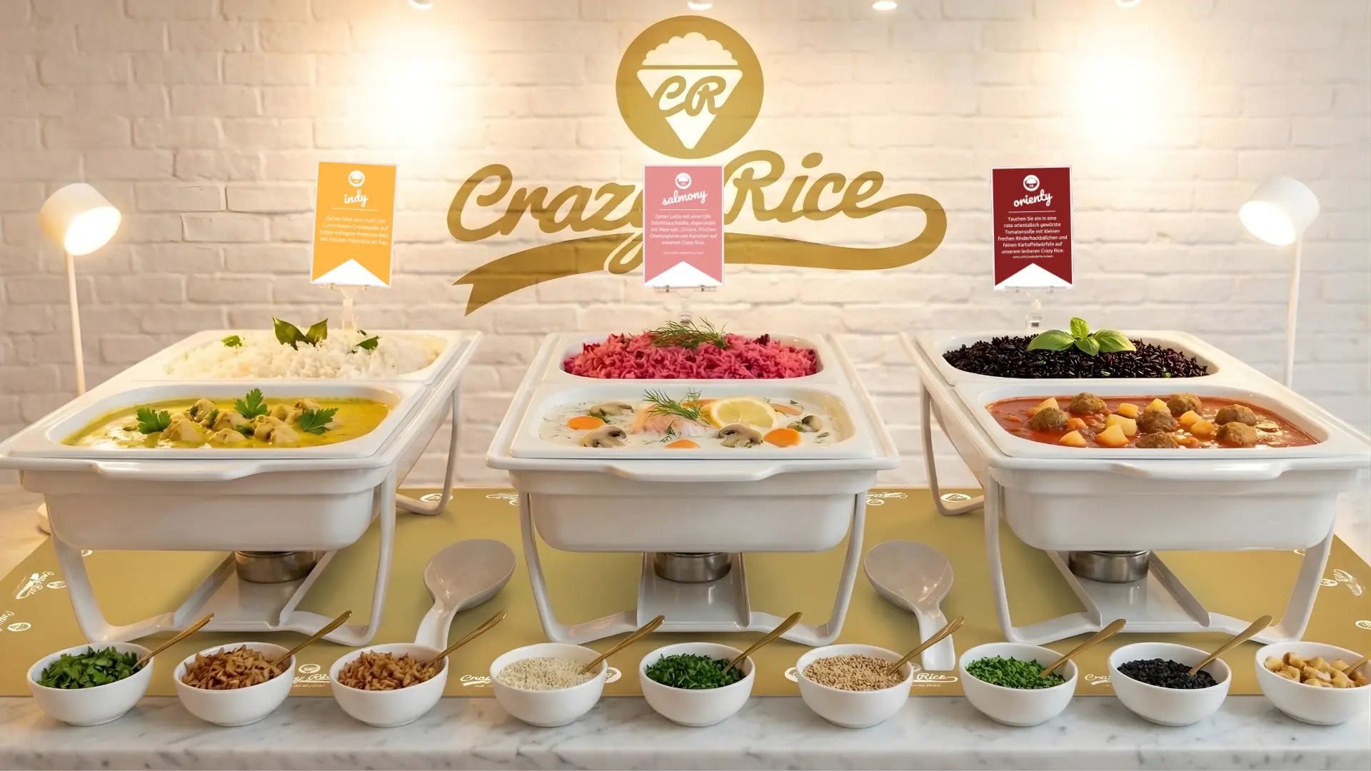 Das schicke Erlebnis-Buffet von Crazy Rice mit bunten Reissorten und verschiedenen Saucen und Toppings